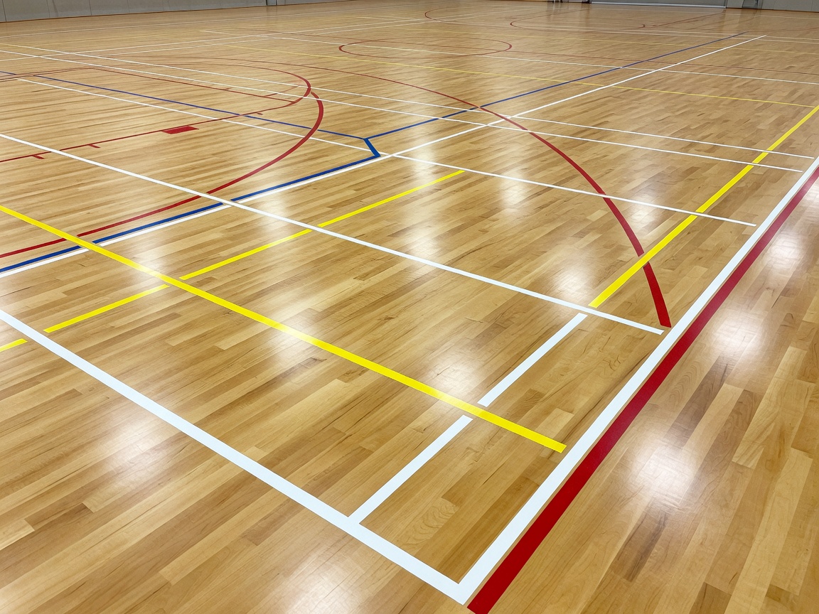 Timber sports hall floor with contrasting court markings and clear playing space